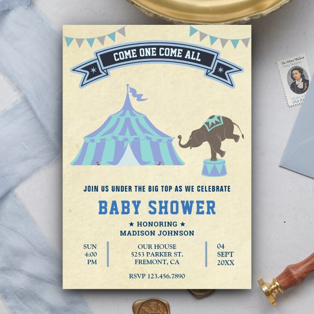 Invitation Baby Shower Cirque Bébé Bleu Vintage (Créateur téléchargé)