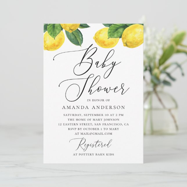 Invitation Baby shower citron aquarelle | Citrus élégant (Debout devant)