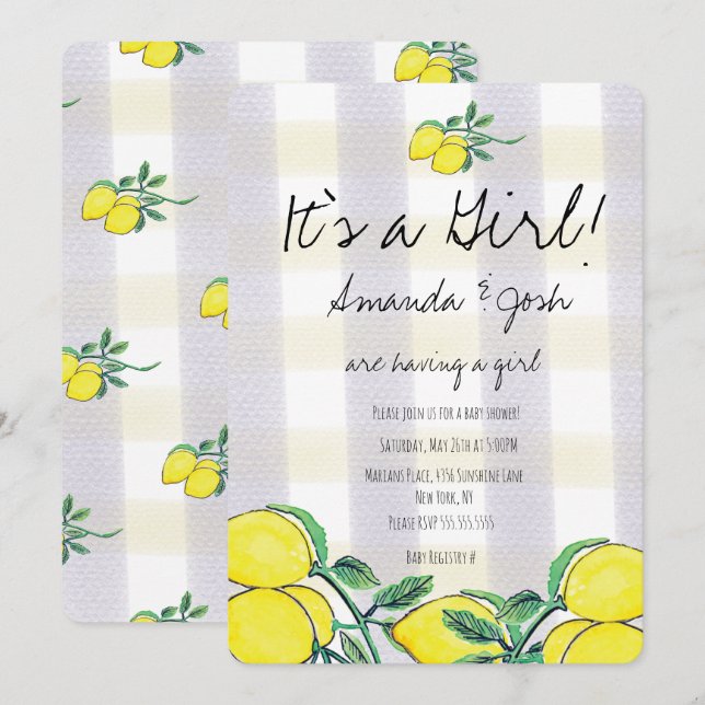 Invitation Baby Shower Citron Aquarelle Plaid Rust (Devant / Derrière)