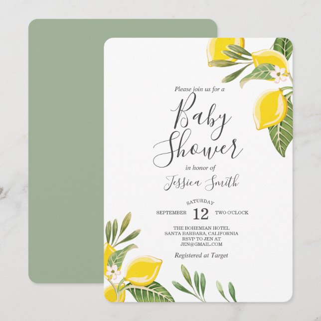 Invitation Baby shower citron Boho Citrus Rustique (Devant / Derrière)