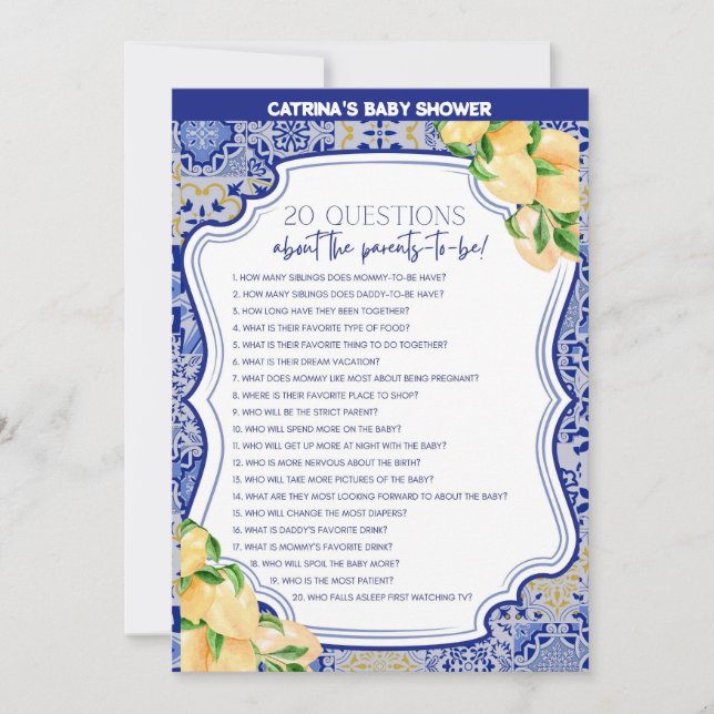Invitation Baby shower Citron Carreaux Bleus - Nom modifiable (Devant)