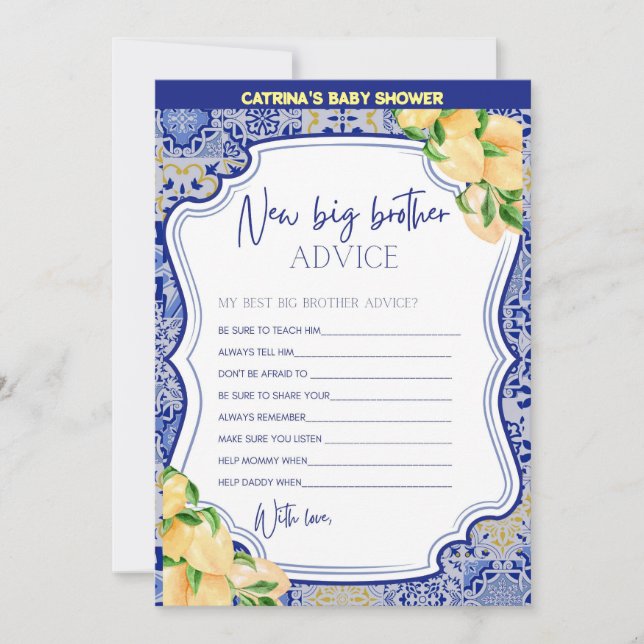 Invitation Baby shower Citron Carreaux Bleus - Nom modifiable (Devant)