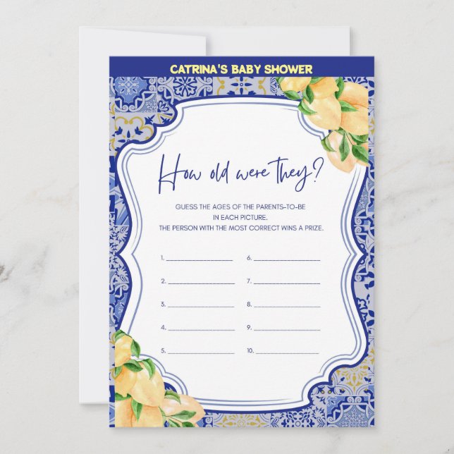 Invitation Baby shower Citron Carreaux Bleus - Nom modifiable (Devant)