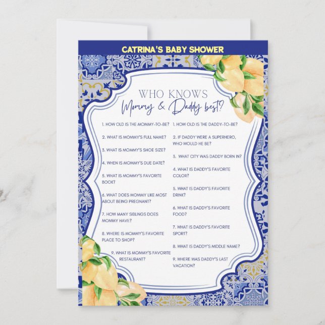 Invitation Baby shower Citron Carreaux Bleus - Nom modifiable (Devant)