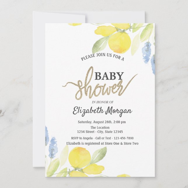 Invitation Baby Shower Citrons Aquarelle Élégants (Devant)