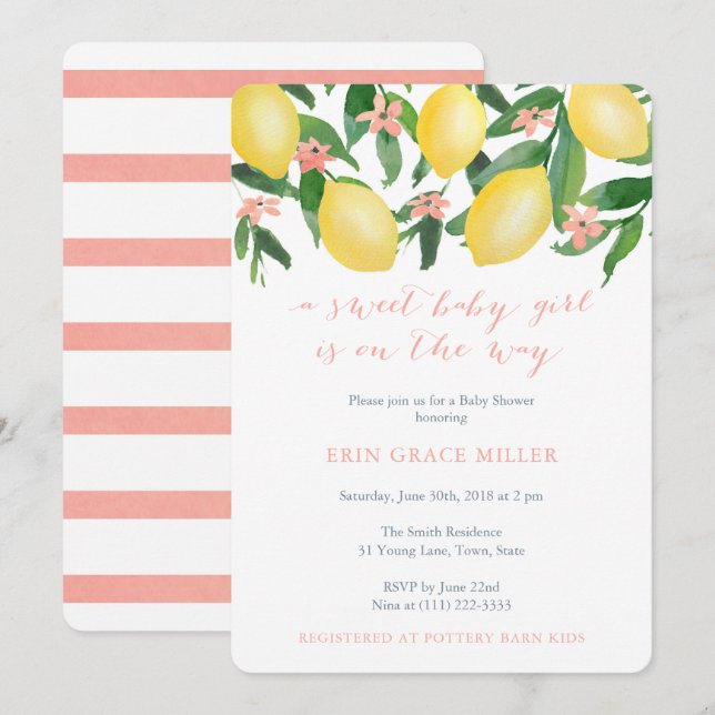 Invitation Baby shower Citrons, Bébé Fille Douce Sur Le Chemi (Devant / Derrière)
