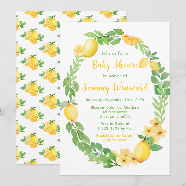 Invitation Baby Shower Citrons et Feuillage (Devant / Derrière)