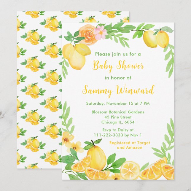 Invitation Baby Shower Citrons et Feuillage (Devant / Derrière)