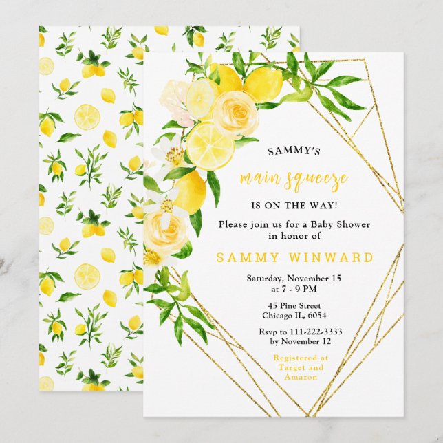 Invitation Baby-Shower Citrons et Fleurs avec Feuillage (Devant / Derrière)
