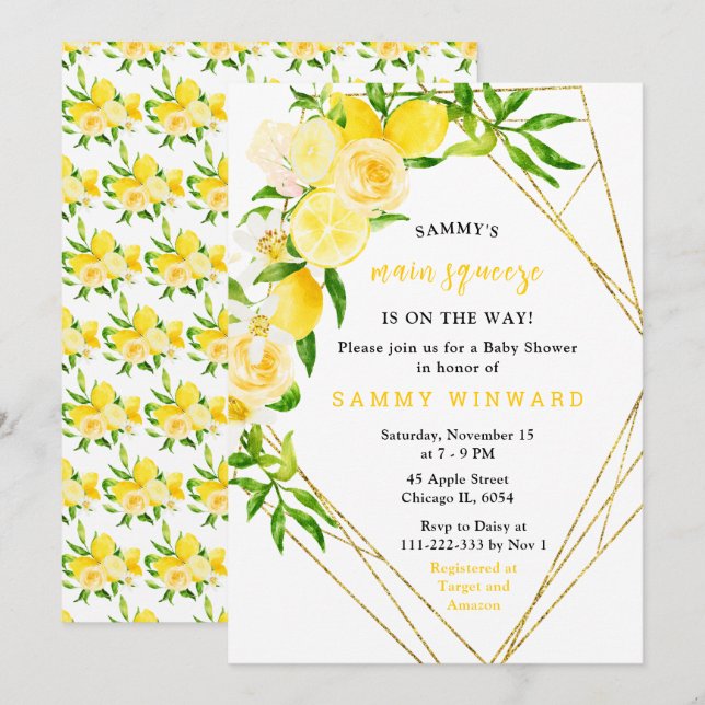 Invitation Baby Shower Citrons et Fleurs avec Feuillage (Devant / Derrière)