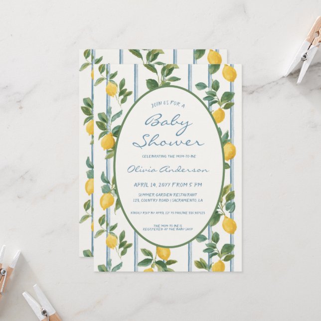 Invitation Baby Shower citrons vintage (Devant/Arrière en situation)