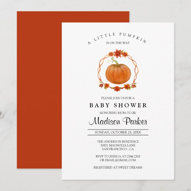 Invitation Baby shower citrouille (Devant / Derrière)