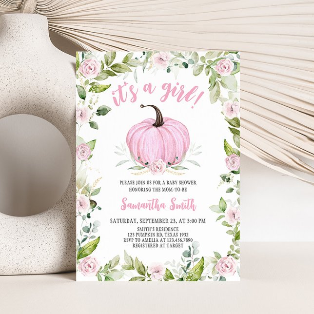Invitation Baby shower Citrouille à automne rose (Greenery Pink Pumpkin Baby Shower Invitation)