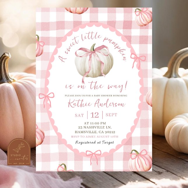 Invitation Baby Shower Citrouille à Vichy Rose Ruban (Créateur téléchargé)