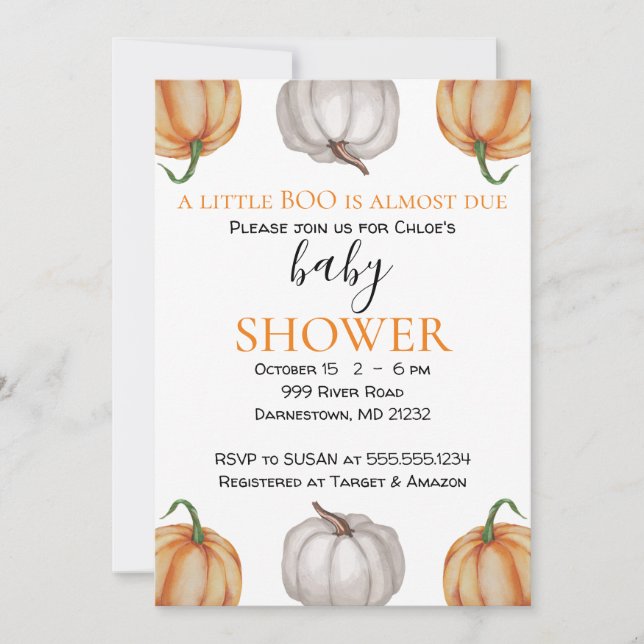 Invitation baby shower, Citrouille, automne, garço (Devant)