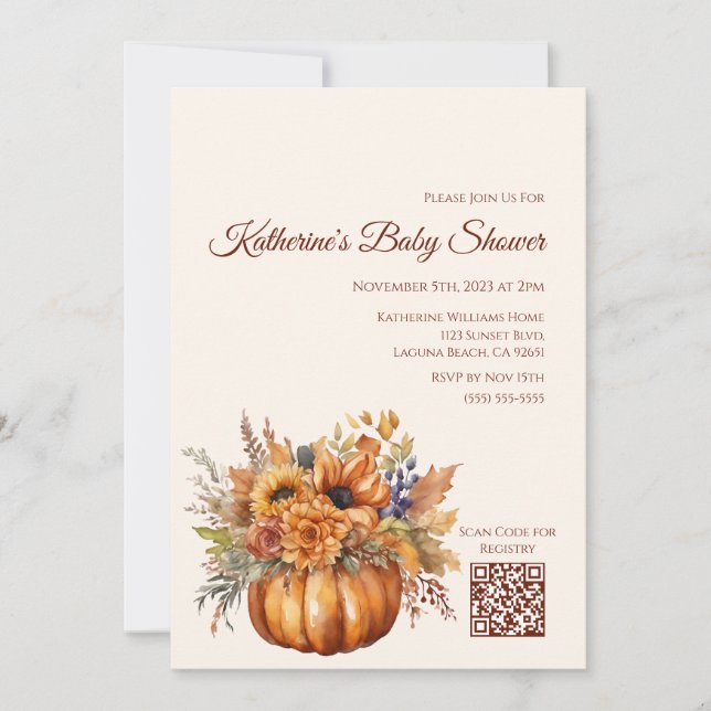 Invitation Baby shower-Citrouille avec Fleurs- (Devant)