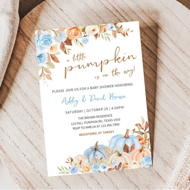 Invitation Baby shower Citrouille bleu automne (Blue Fall Floral Baby Shower Invitation)