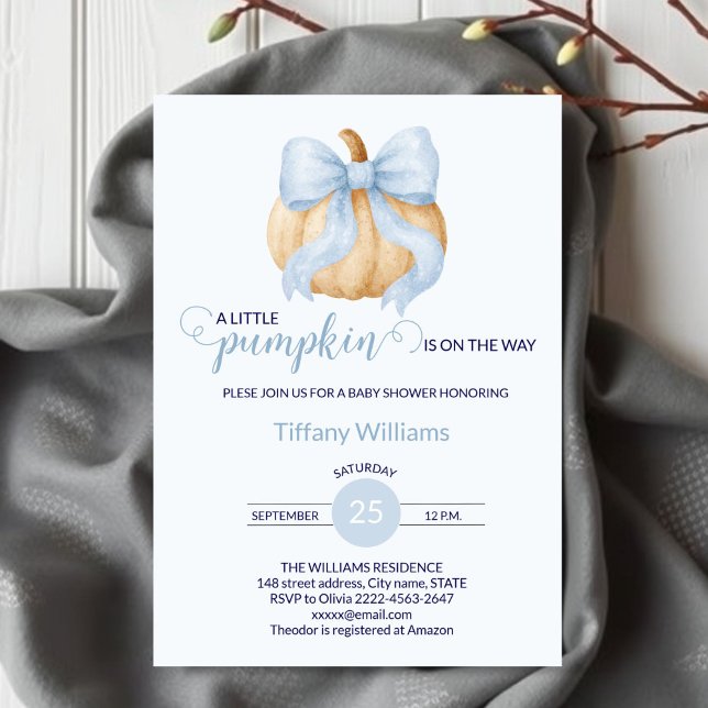 Invitation Baby shower citrouille bleu minimaliste (Minimalistic Little Pumpkin Baby Shower Invitation Boy | Blue Bow Fall Theme)