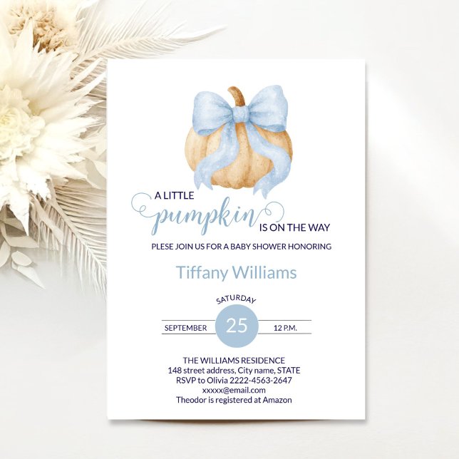 Invitation Baby shower citrouille bleu minimaliste (Minimalistic Little Pumpkin Baby Shower Invitation Boy | Blue Bow Fall Theme)