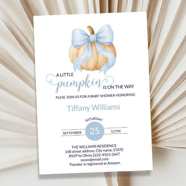 Invitation Baby shower citrouille bleu minimaliste (Minimalistic Little Pumpkin Baby Shower Invitation Boy | Blue Bow Fall Theme)