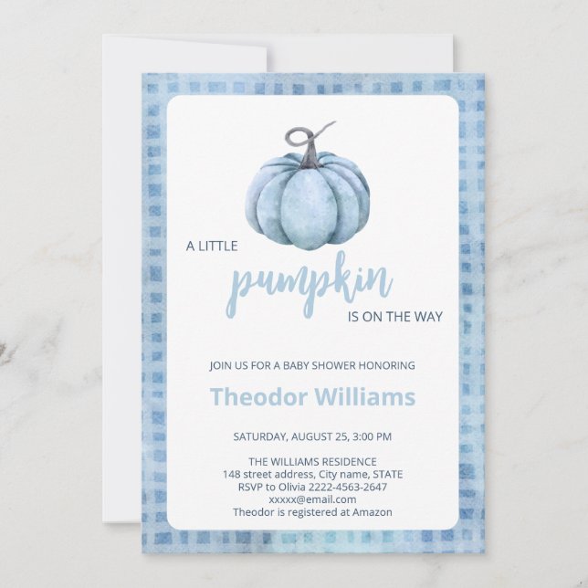 Invitation Baby shower Citrouille bleu | Thème aut (Devant)