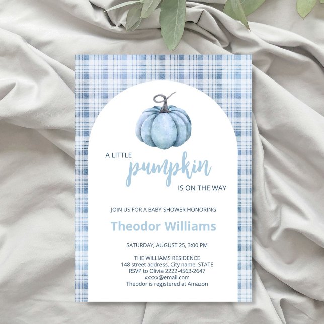 Invitation Baby shower Citrouille bleu | Thème aut (Little pumpkin minimalistic autumn fall baby shower invitation )