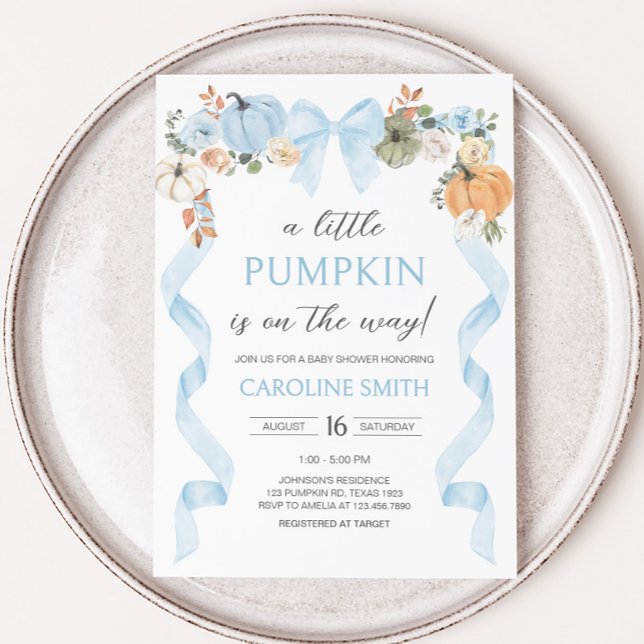 Invitation Baby shower Citrouille Blue Bow (Blue Bow Little Pumpkin Baby Shower Invitation)