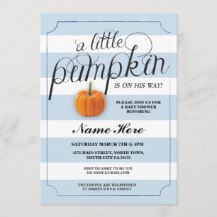 Invitation Baby shower Citrouille Blue Boy Stripe Harvest Inv