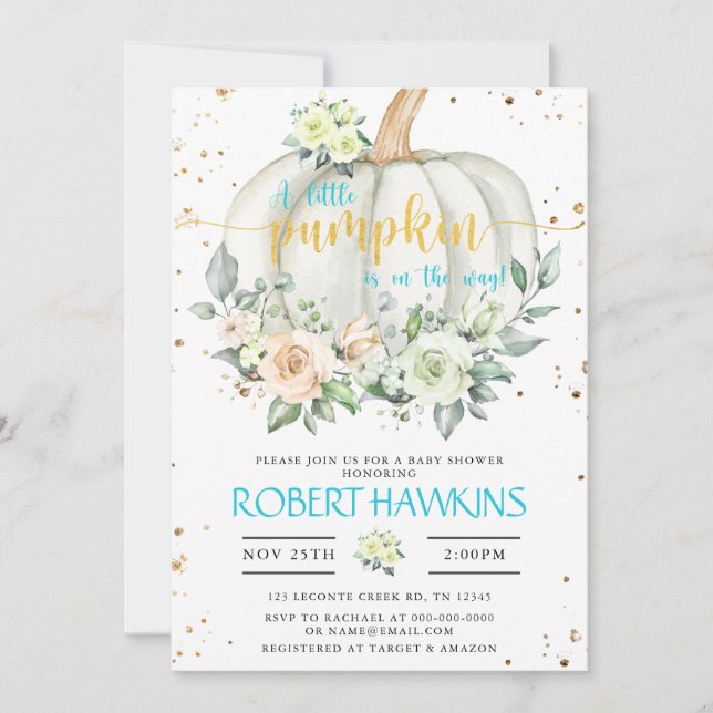 Invitation Baby shower citrouille, Blue Gold Elegant Invitati (Devant)