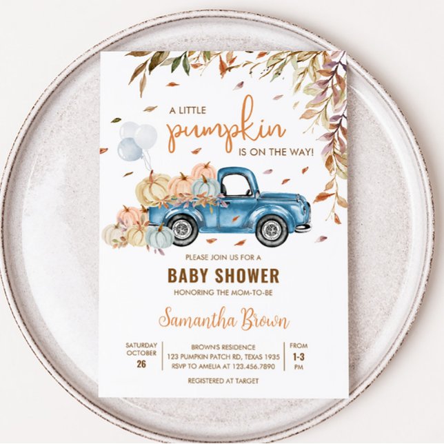 Invitation Baby shower Citrouille Blue Truck (Boy Little Pumpkin Truck Baby Shower Invitation)