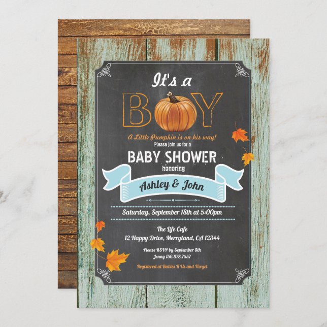 Invitation baby shower citrouille bois rustique (Devant / Derrière)