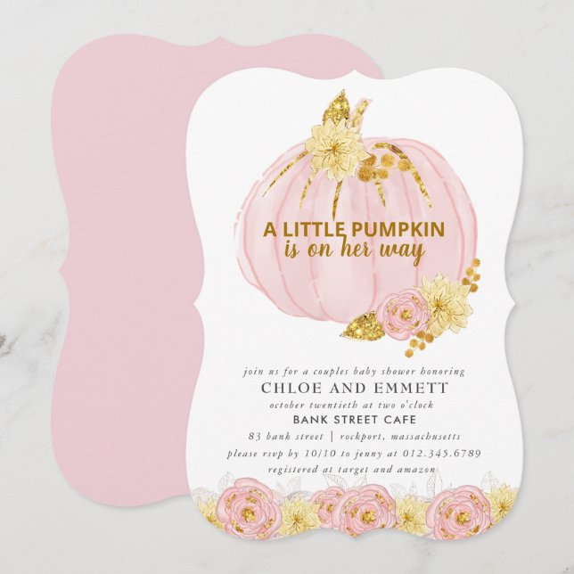 Invitation Baby shower citrouille Couples, Rose Gold Elegant (Devant / Derrière)