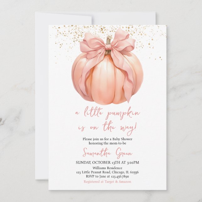 Invitation Baby shower Citrouille de Bow rose (Devant)