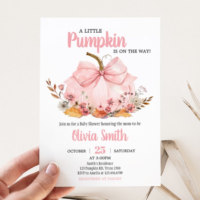 Invitation Baby shower Citrouille de Bow rose (Girl Bow Pumpkin Baby Shower Invitation)