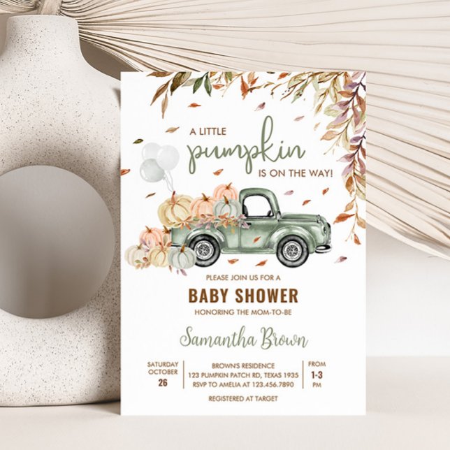 Invitation Baby shower Citrouille de camion vert (Little Pumpkin Green Truck Baby Shower Invitation)