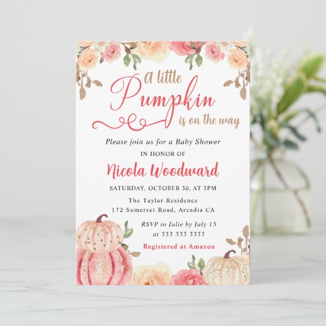 Invitation Baby shower Citrouille de la chute d'aquarelle (Debout devant)