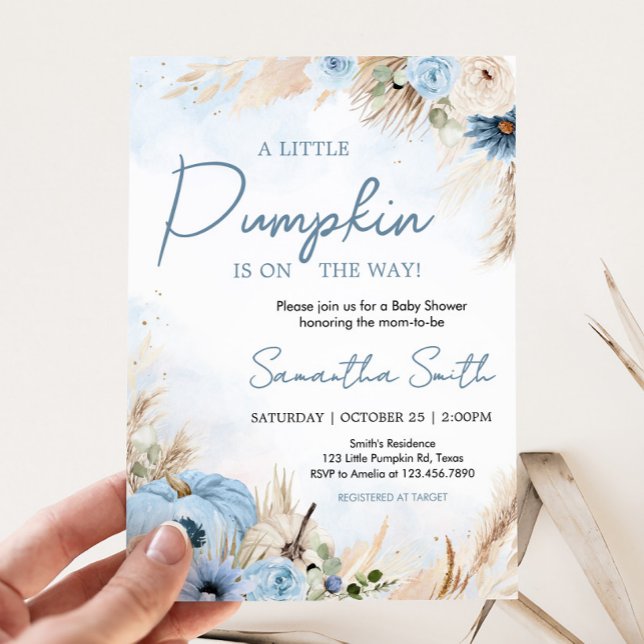 Invitation Baby shower Citrouille de la chute du Boho bleu (Blue Boho Autumn Fall Pumpkin Pampas Grass Baby Shower Invitation)