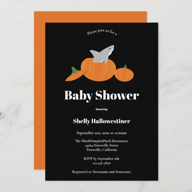 Invitation Baby shower citrouille d'Halloween requin (Devant / Derrière)