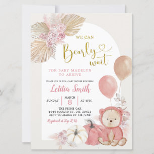 Invitation Baby shower Citrouille d'ours Boho rose