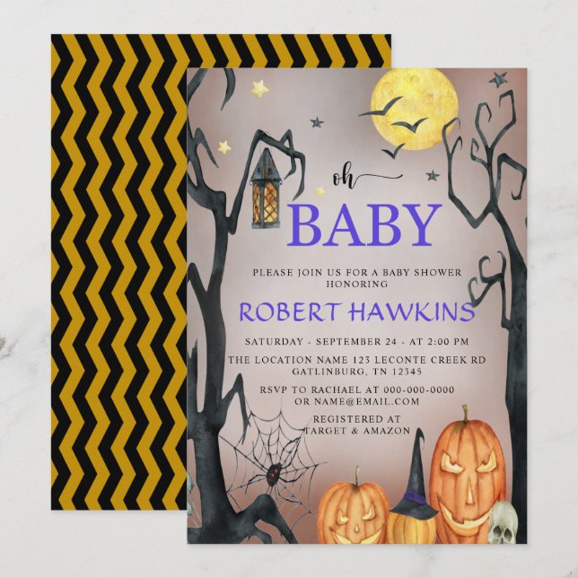 Invitation Baby shower Citrouille Éffrayant Halloween (Devant / Derrière)