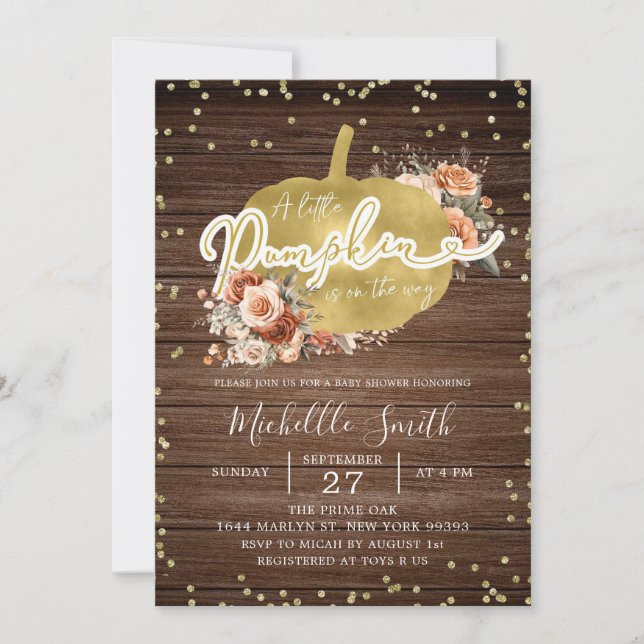 Invitation Baby shower Citrouille en terre cuite rustique boi (Devant)