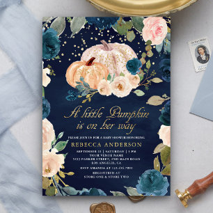 Invitation Baby Shower Citrouille Fleurie Bleu Nuit Or Pêche