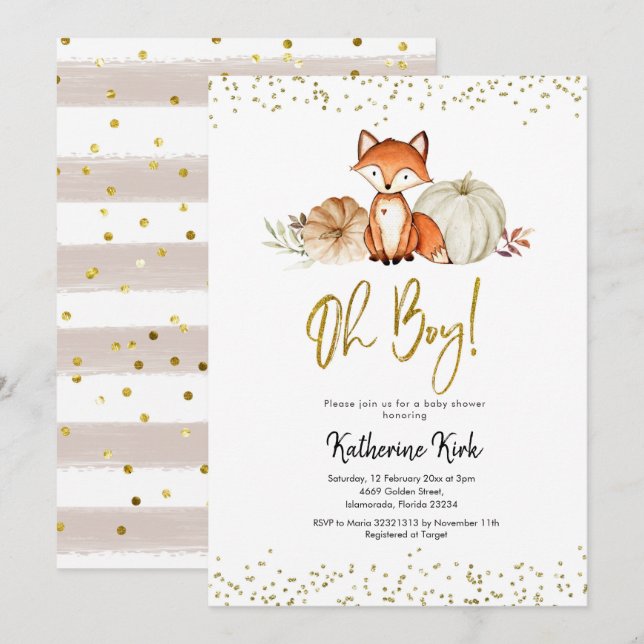 Invitation Baby shower Citrouille Fox Oh Boy Fall (Devant / Derrière)