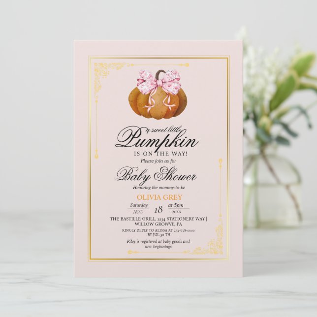Invitation Baby shower Citrouille Gold (Debout devant)