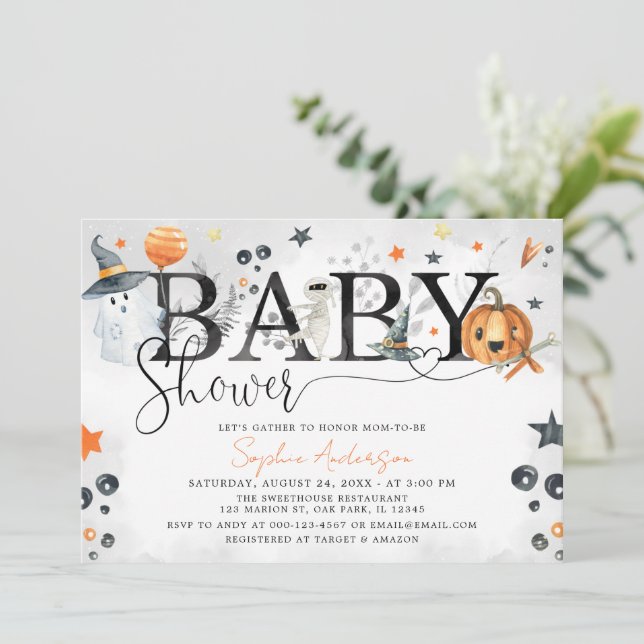 Invitation Baby shower Citrouille Halloween Little Boo (Debout devant)