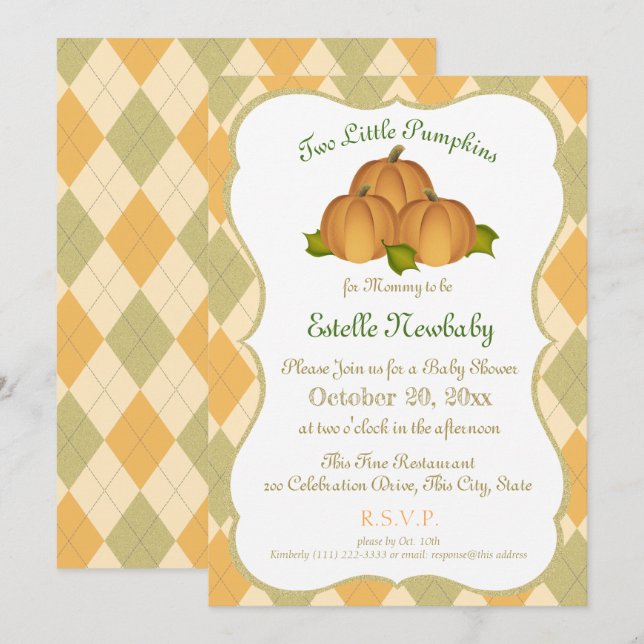 Invitation Baby shower citrouille Harlequin Gold Twins (Devant / Derrière)