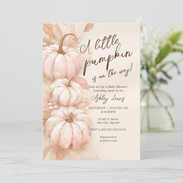 Invitation baby shower citrouille invitation, citrouille rose (Debout devant)