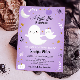 Invitation Baby shower Citrouille Little Boo Purple Ghost