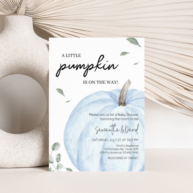Invitation Baby shower Citrouille minimaliste bleu (Watercolor Pumpkin Baby Shower Invitation)