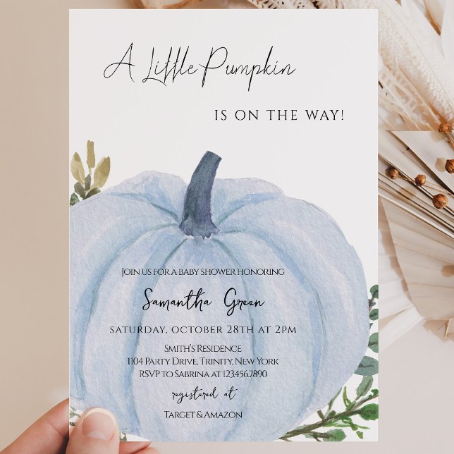 Invitation Baby Shower Citrouille Minimaliste Bleue (Créateur téléchargé)